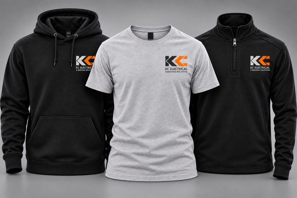 Branded black hoodie, grey t-shirt and black quarter zip with KC Electrical logo